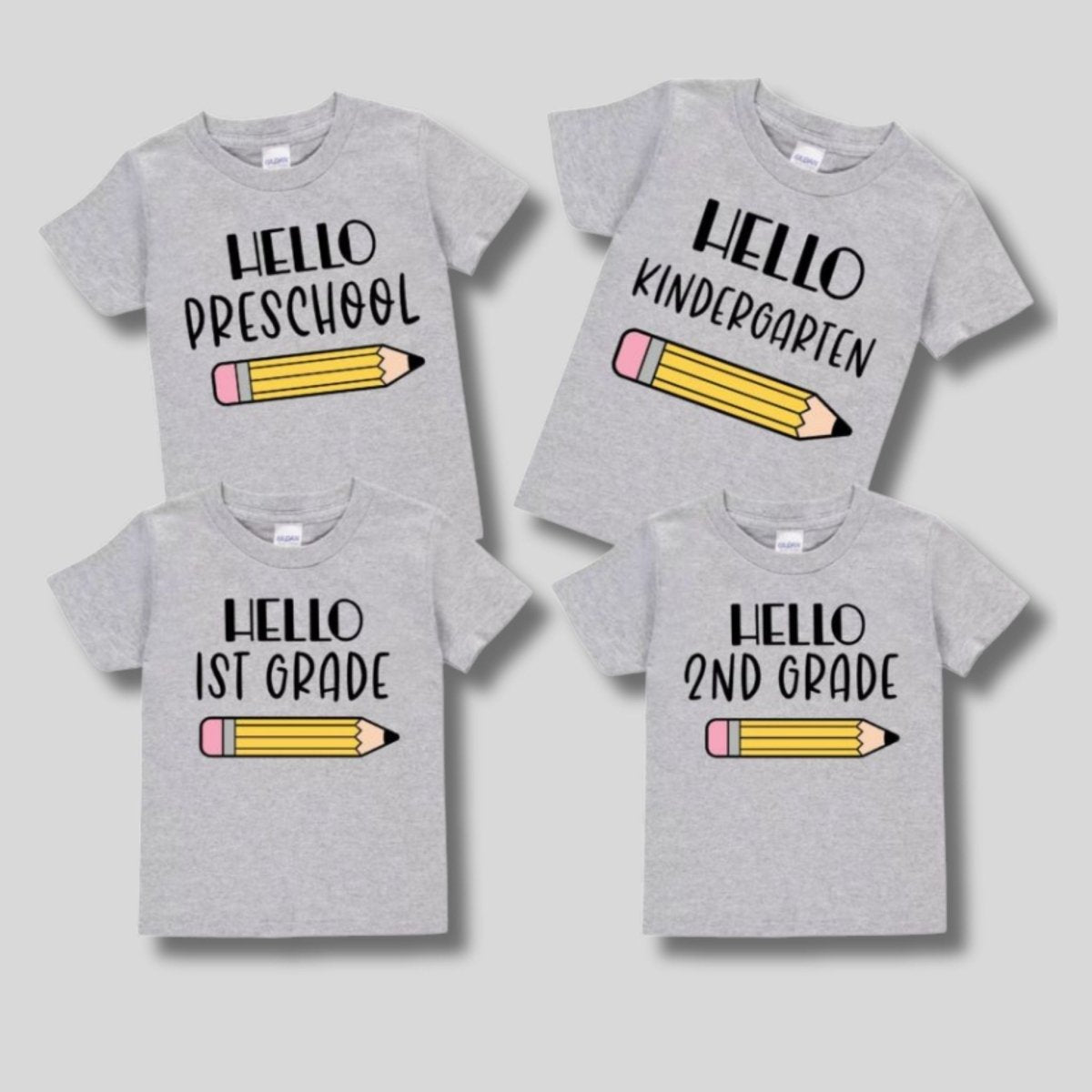 Kids heather gray Hello Kindergarten, Hello Preschool, Hello 1st grade text on front on gray background - Little Gift Nook
