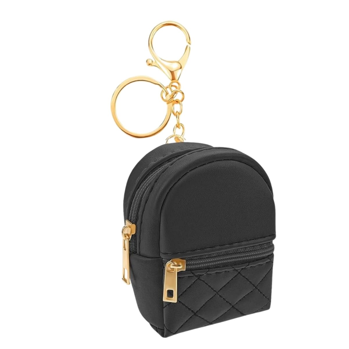Black Quilted Mini Backpack Coin Purse Keychain. Has 2 pockets that open with gold zippers and gold keyring, chain, and lobster clip. Measures 3.94 inches tall. Little Gift Nook.