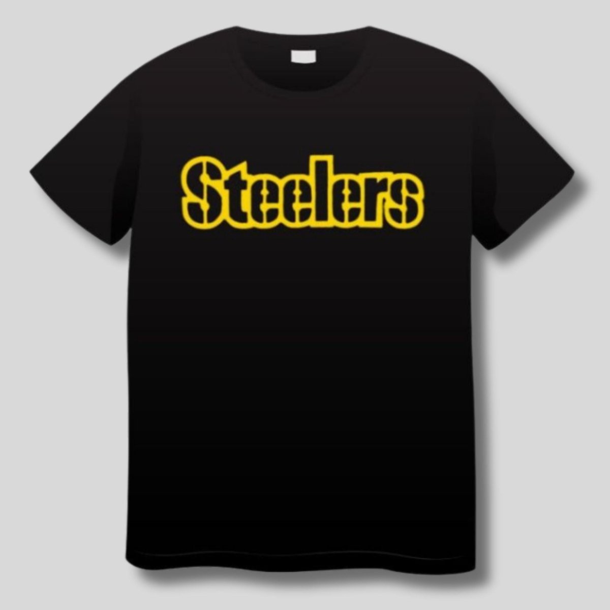 black yellow puffy letters Steelers adult tshirt on gray background. Little Gift Nook