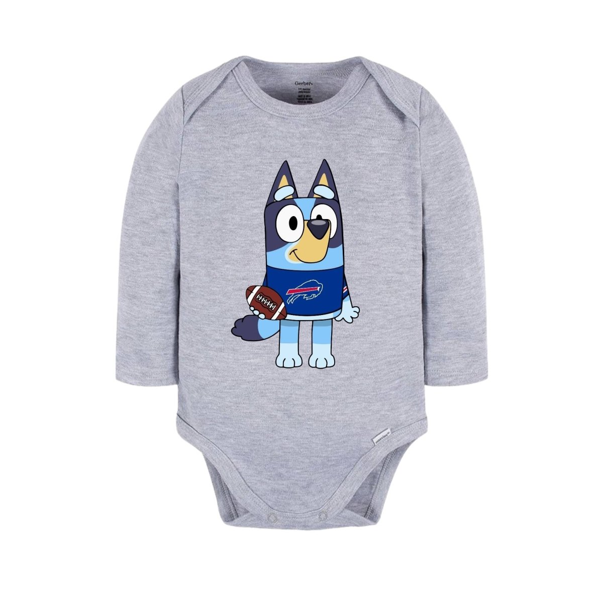 Blue_Dog_Buffalo_Football_Tshirts. Light gray onesie with blue dog in jersey on front. baby sizes. Little Gift Nook