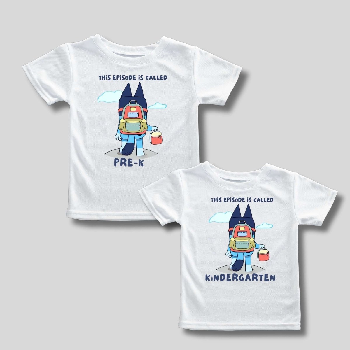 kids white blue dog back to school tshirt with "this episode is called Pre-K" or "Kindergarten" on front on a gray background. - Little Gift Nook