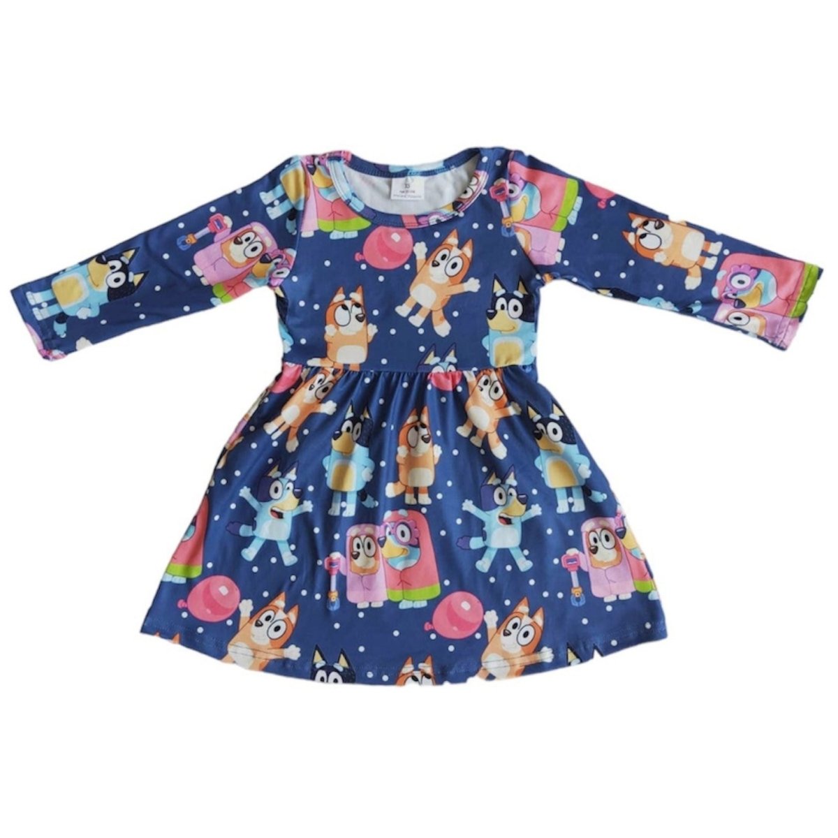 Children's navy blue Bluey and Bingo theme with grannies long sleeve twirl dress sitting on white background.