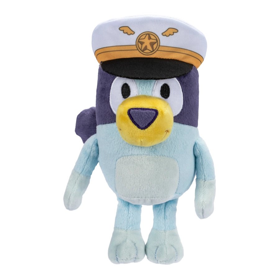 Bluey in captain hat mini plush toy by Moose Toys, 8 inches tall, soft and cuddly stuffed animal, Bluey character front view on white background, perfect gift for toddlers and kids – Little Gift Nook
