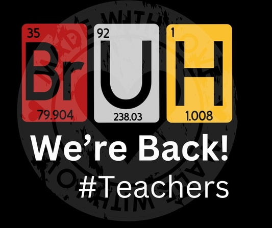 Periodic table elements spelling 'BRUH' with text 'We're Back! #Teachers' on a black background. Digital image with watermark.