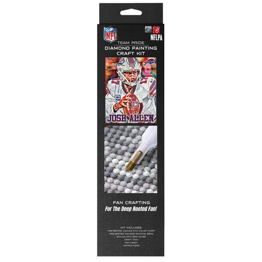 NFL officially licensed Buffalo Bills Josh Allen Diamond art craft kit front of box on white background. Little Gift Nook