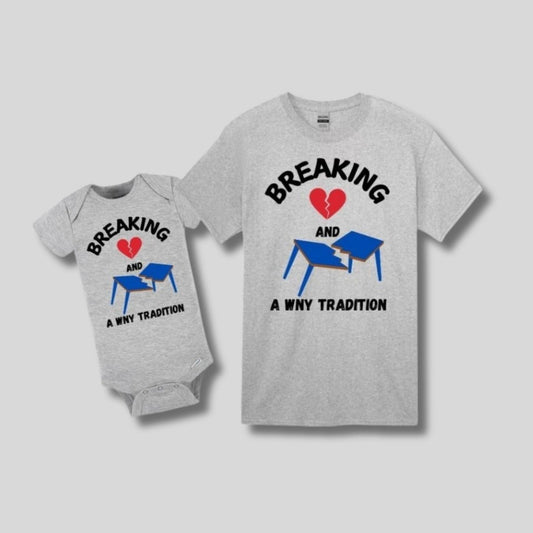 Breaking Hearts & Tables Bills Shirt - Heather Gray short sleeve baby & toddler shirts. Breaking red heart and blue broken table on front. Says WNY Tradition - shirts on gray background. Little Gift Nook