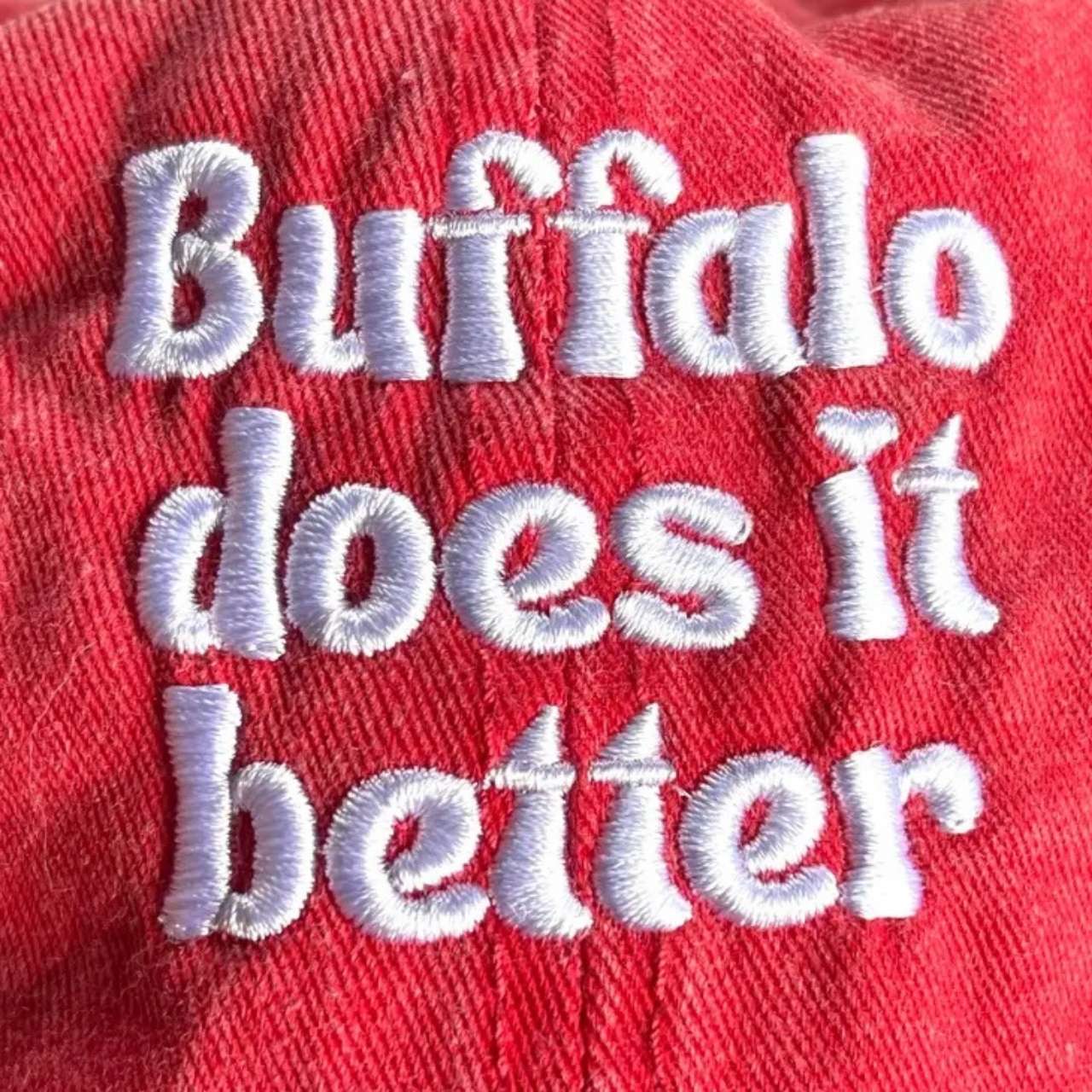 red white embroidered buffalo does it better baseball hat close up - Little Gift Nook