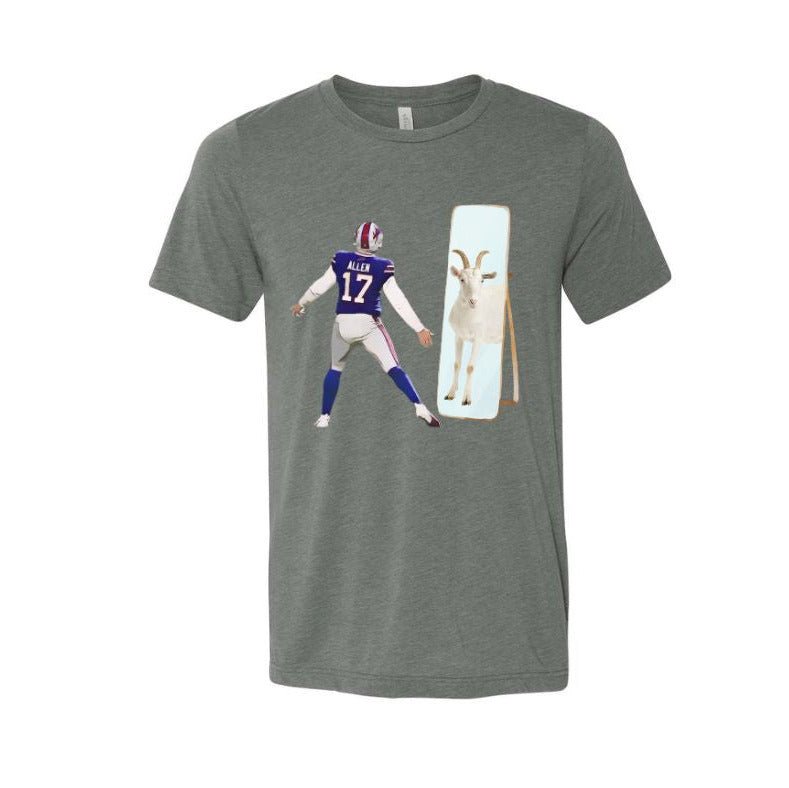 Dark gray tshirt with Josh Allen looking in mirror of goat reflection image on front. Little Gift Nook