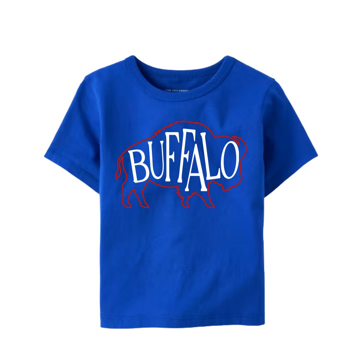A royal blue short-sleeve t-shirt with a graphic on the front showing the word 'BUFFALO' in white letters inside a red buffalo silhouette outline, displayed on a solid white background.