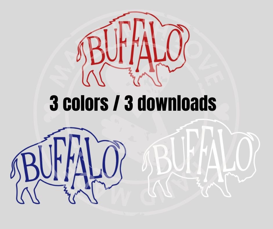 red, blue, and white buffalo outline shape with same color text "BUFFALO" inside with watermark on light gray background.