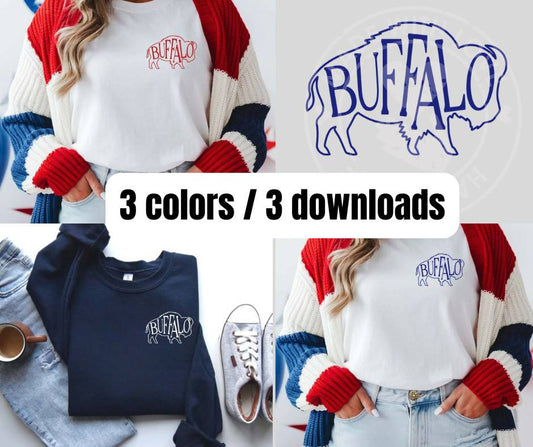 collage of 3 shirts with different color buffalo outline and text images and close up of blue buffalo outline and text images - downloadable images. Little Gift Nook