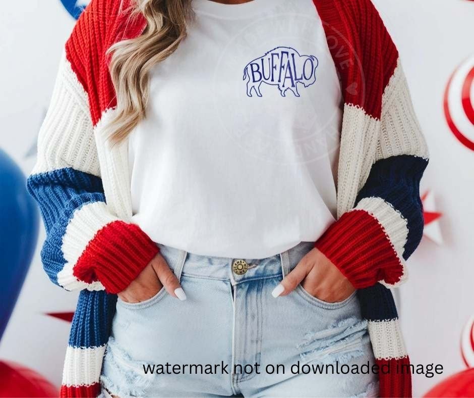 woman wearing red white blue knit cardigan and white tshirt with blue buffalo outline image and "BUFFALO" text inside on front of shirt.