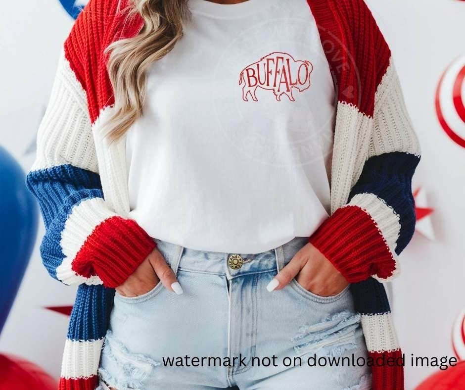 woman wearing red white blue knit cardigan and white tshirt with red buffalo outline image and "BUFFALO" text inside on front of shirt.