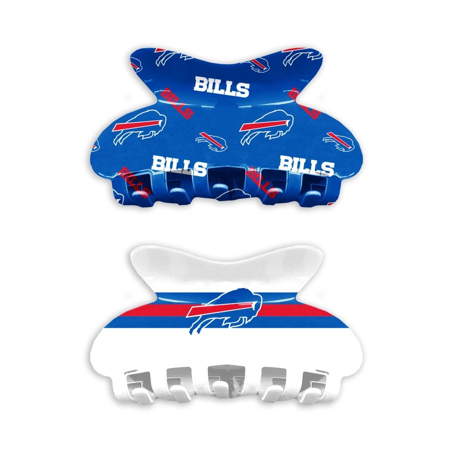 NFL Buffalo Bills Hair Claw Clip 2 Pack one royal blue with bills logo and word logo print one white with blue red stripes and logo in center - PVC plastic - Little Gift Nook