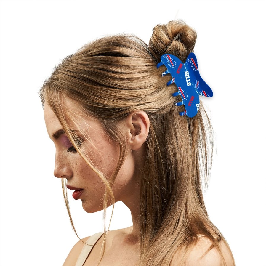women with blond hair half up half down using NFL Buffalo Bills Hair Claw Clip 2 Pack royal blue claw clip with Bills logo - Little Gift Nook