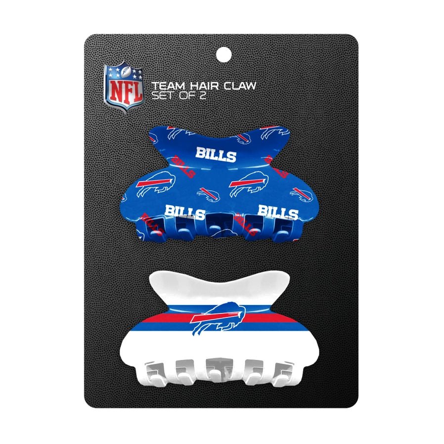 NFL Buffalo Bills Hair Claw Clip 2 Pack in package on card - one royal blue with bills logo and word logo print one white with blue red stripes and logo in center - PVC plastic - Little Gift Nook