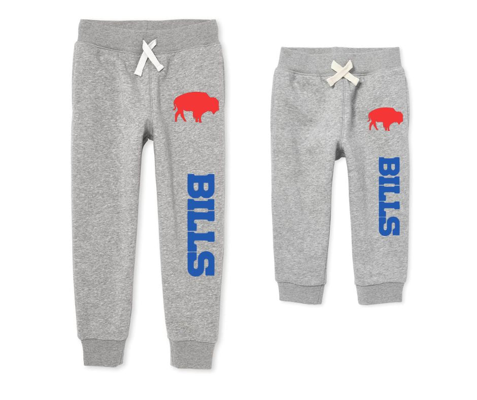 Buffalo Kids Jogger Sweatpants in heather gray with red buffalo and blue lettering Baby and kids sizes - Little Gift Nook