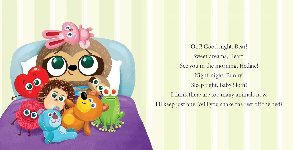 Inside Can you put me to bed sloth in bed with stuffy toys.