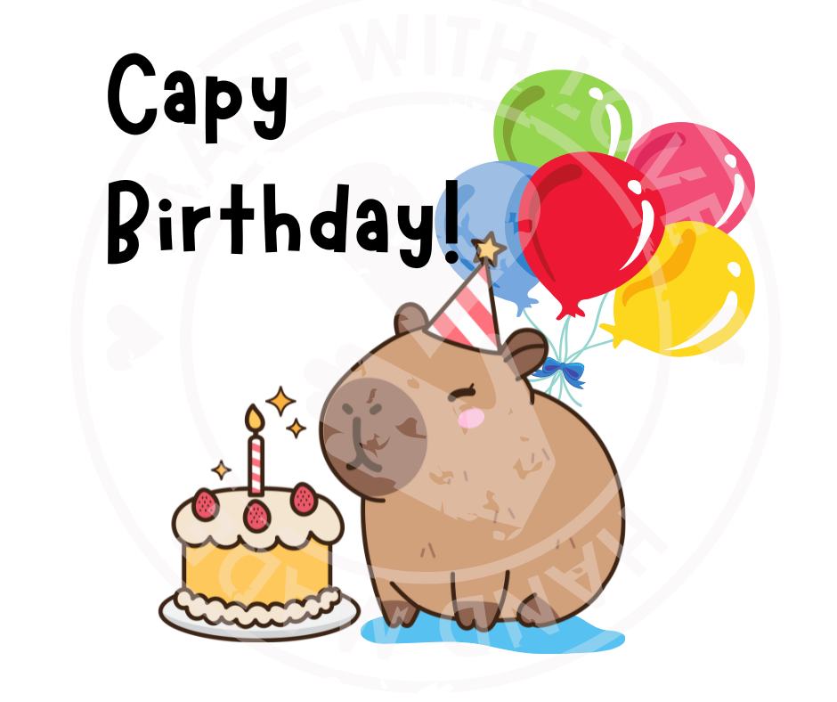 Capybara birthday cake and ballons image says "Capy Birthday" in text with watermark digital image. Little Gift Nook