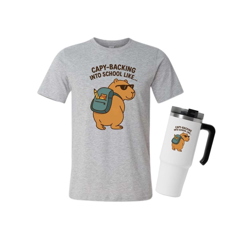Gray tshirt or white water bottle tumbler with capybara backpack back to school image on front of them.