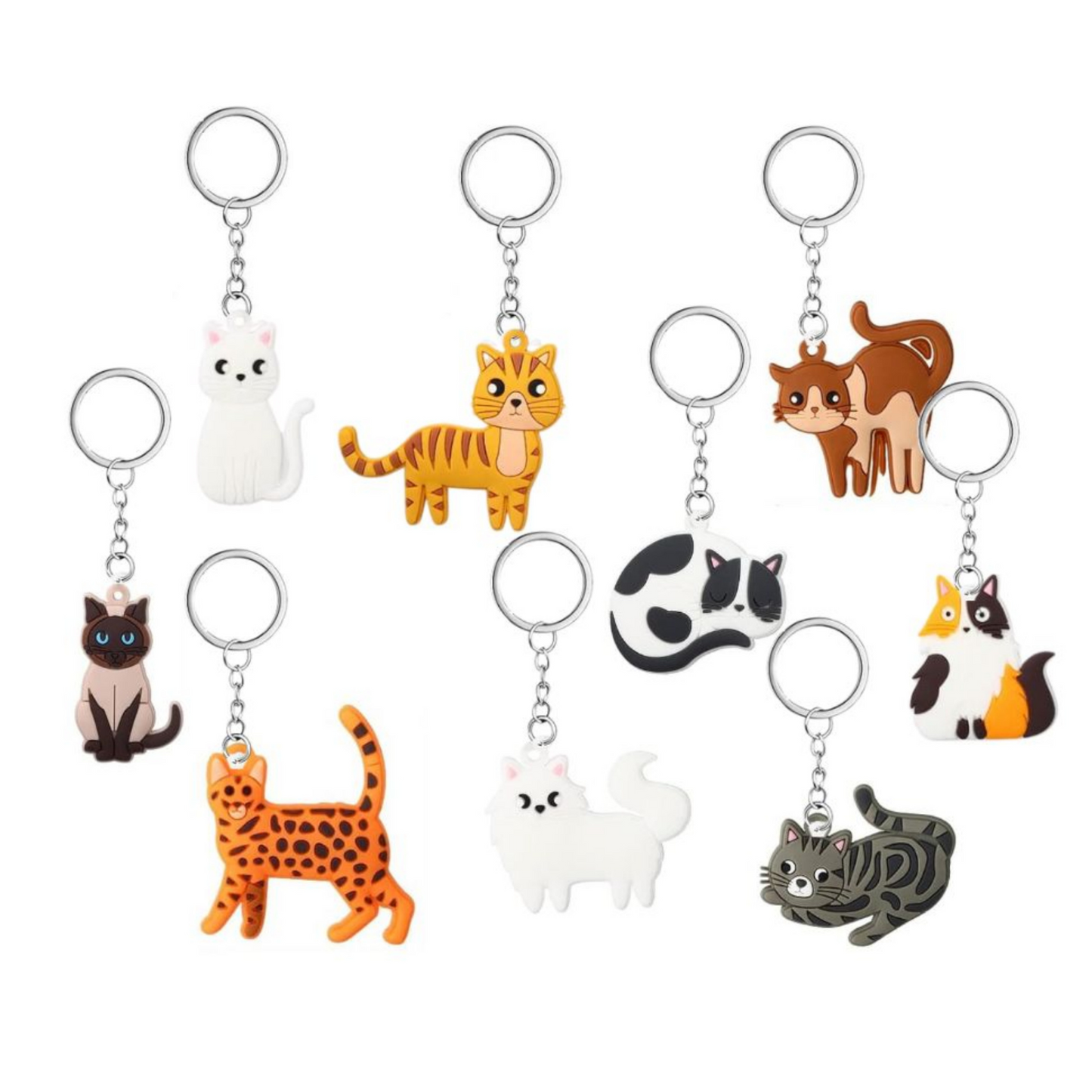 Cat Kitty Plastic Keychain. Each measure approx 1.5" - 2" and come with chain and metal keyring . Soft bendable plastic. Little Gift Nook.