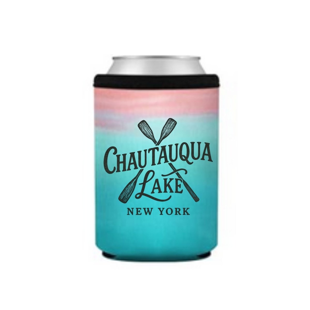 Can cooler in blue and pink ombre with Chautauqua Lake, New York and paddles image on front.