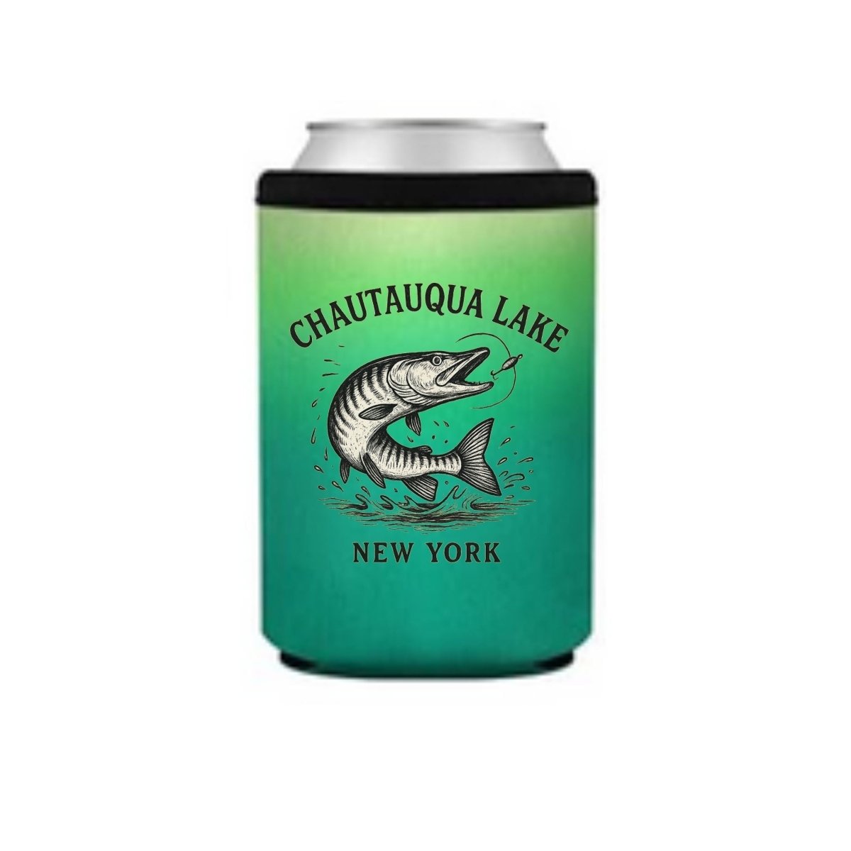 Can cooler in green ombre with Chautauqua Lake, New York and muskie image on front.