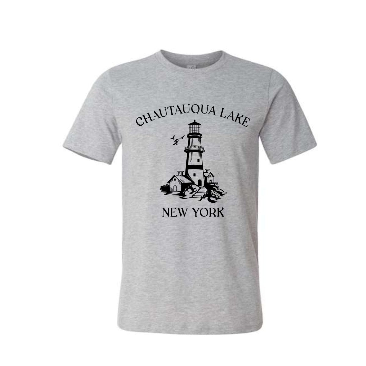 kids gray t-shirt with a lighthouse graphic and 'Chautauqua Lake New York' text in black.