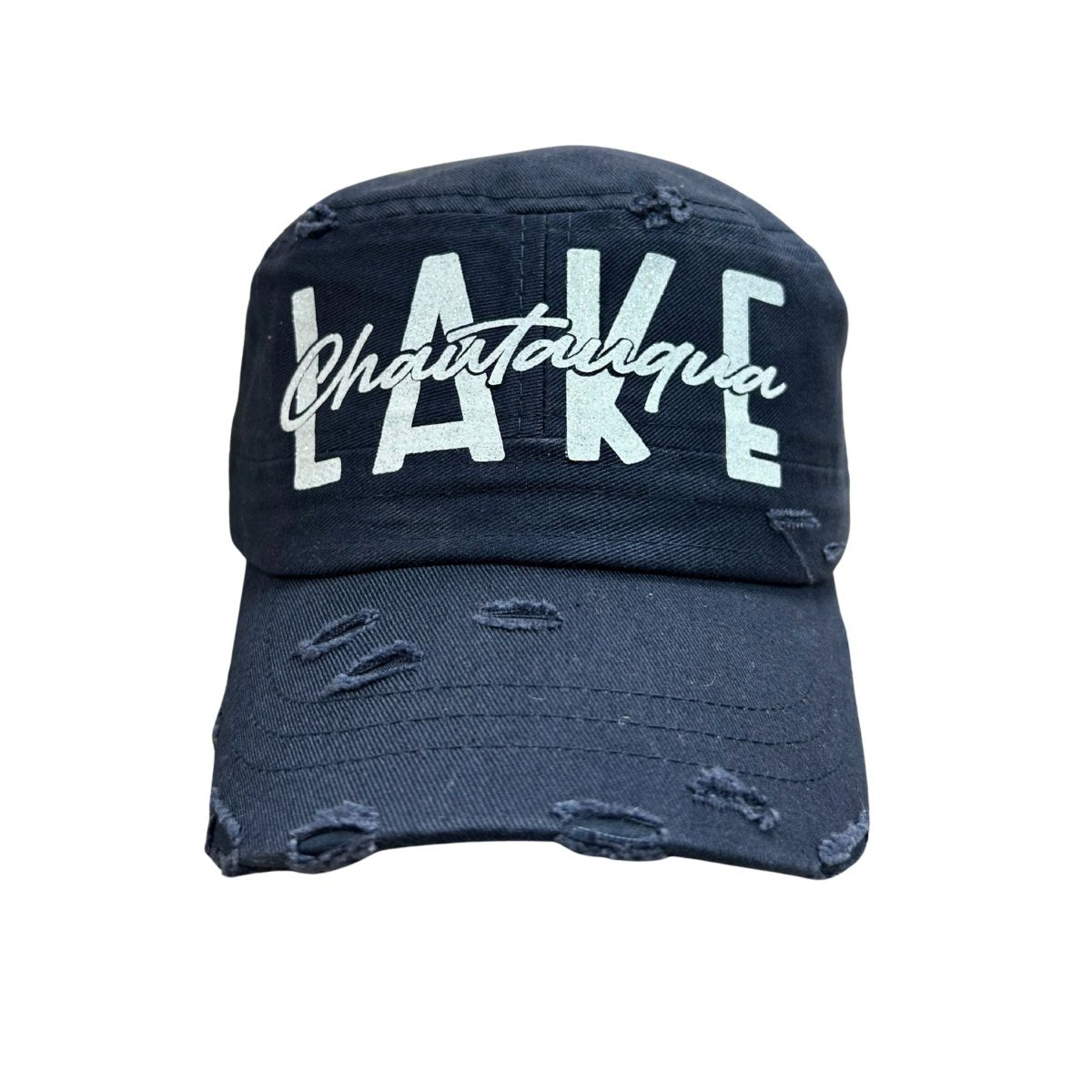 Lake Chautauqua navy distressed look cadet hat with white glitter font on front.