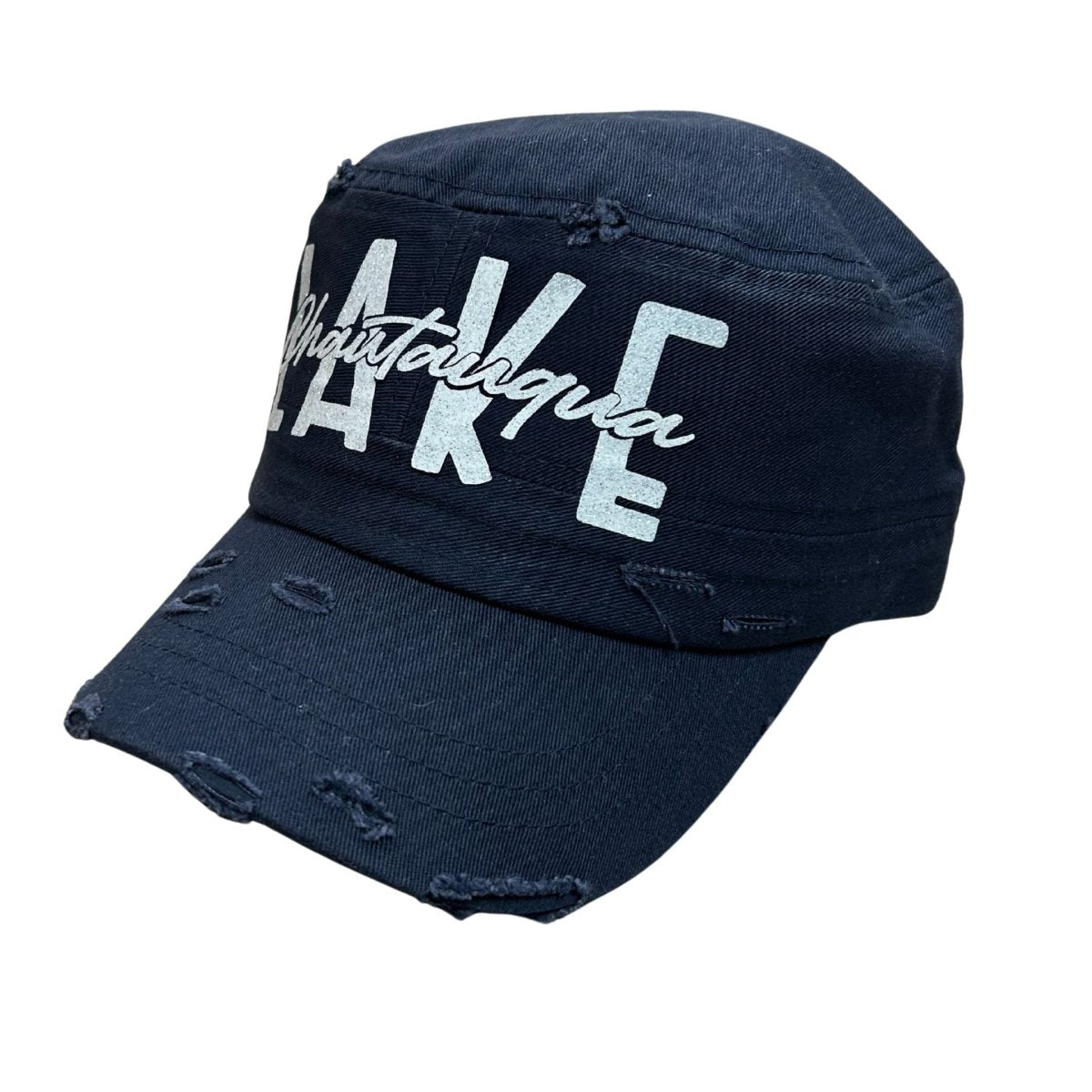 Lake Chautauqua navy cadet hat side view with white glitter font and distressed look.