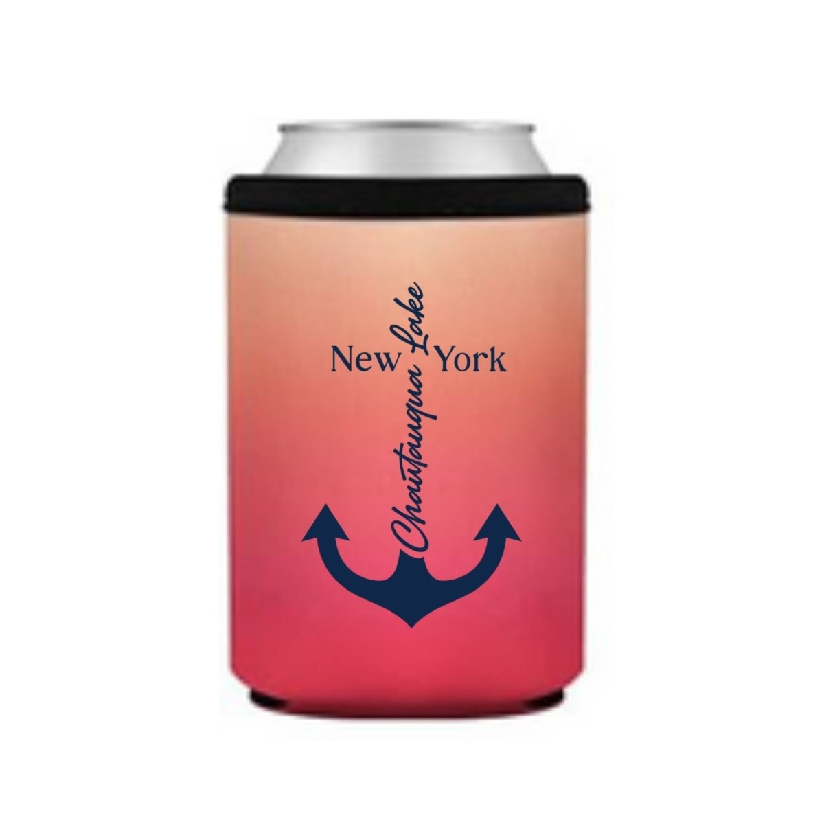 Can cooler in pink ombre with Chautauqua Lake, New York and navy anchor image on front.
