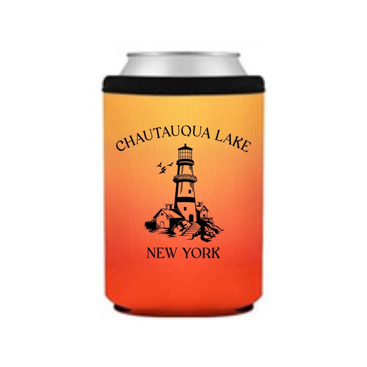 Can cooler in orange ombre with Chautauqua Lake, New York and lighthouse image on front.