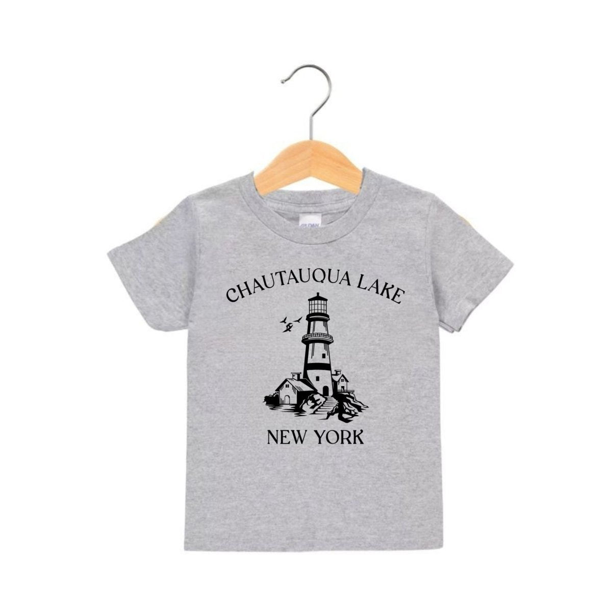 toddler gray t-shirt with a lighthouse graphic and 'Chautauqua Lake New York' text in black.