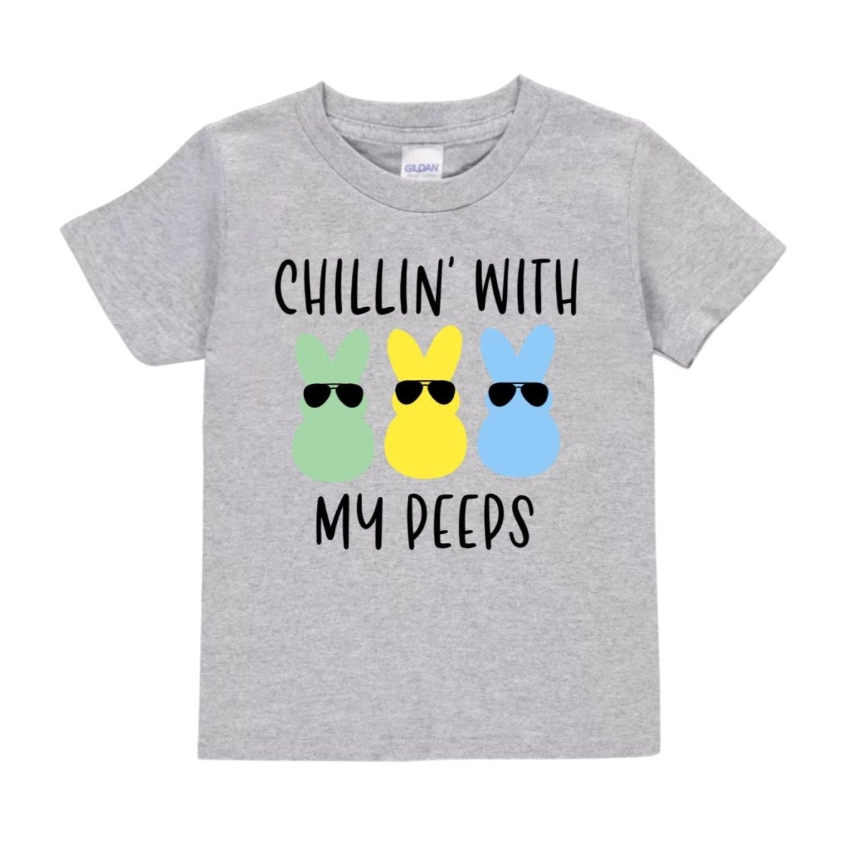 Chillin' With My Peeps Kids Easter Tshirt in heather gray with black lettering and green, yellow, and blue bunny peeps in sunglasses on front. Little Gift Nook.