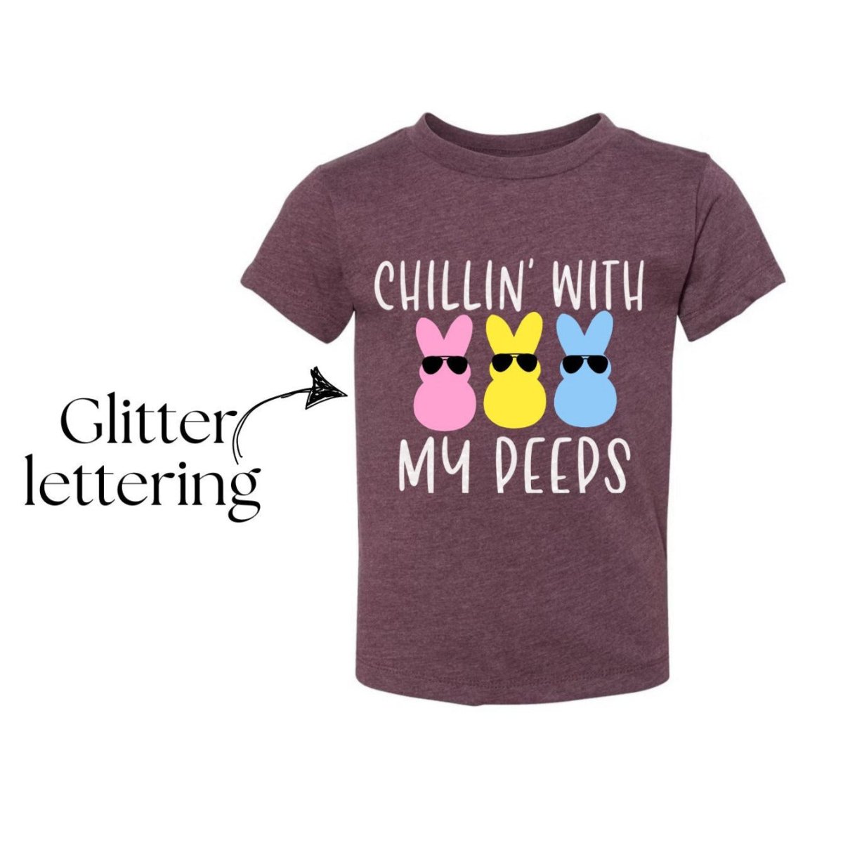 Kids Purple Chillin with my peeps glitter white lettering and 3 colored matte bunny peeps in sunglasses on front. Toddler & Kids sizes. Little Gift Nook.