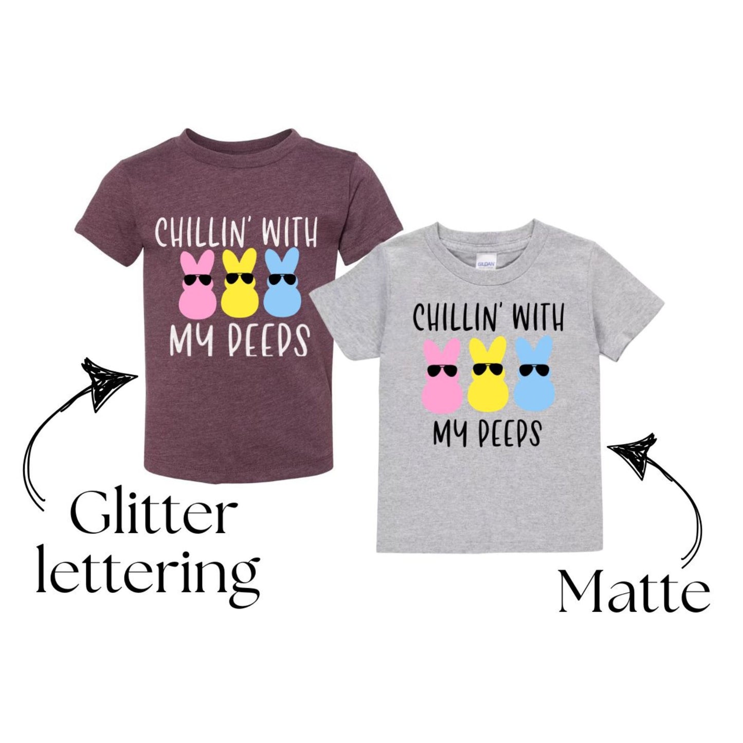 Toddler Kids Chillin' with my Peeps Easter peep bunny in sunglasses tshirts. Choose from purple or gray tshirts and glitter or matte lettering. Little Gift Nook.
