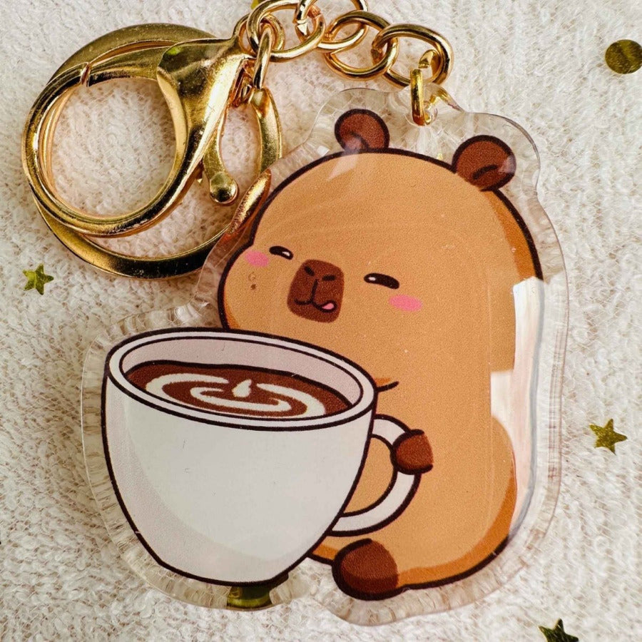 capybara drinking coffee keychain. Capybara Acrylic Keychains with metal ring and clip. Double sided. Little Git Nook.