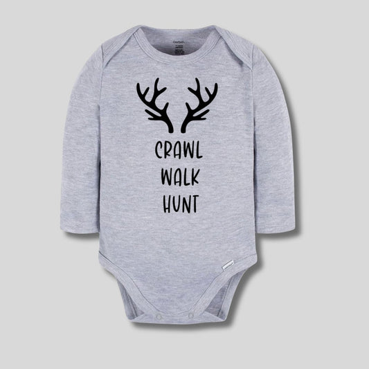Crawl Walk Hunt Baby Bodysuit. Heather gray long sleeve 100% Cotton bodysuit with black antlers and Crawl, Walk, Hunt on front in black lettering. - Little Gift Nook