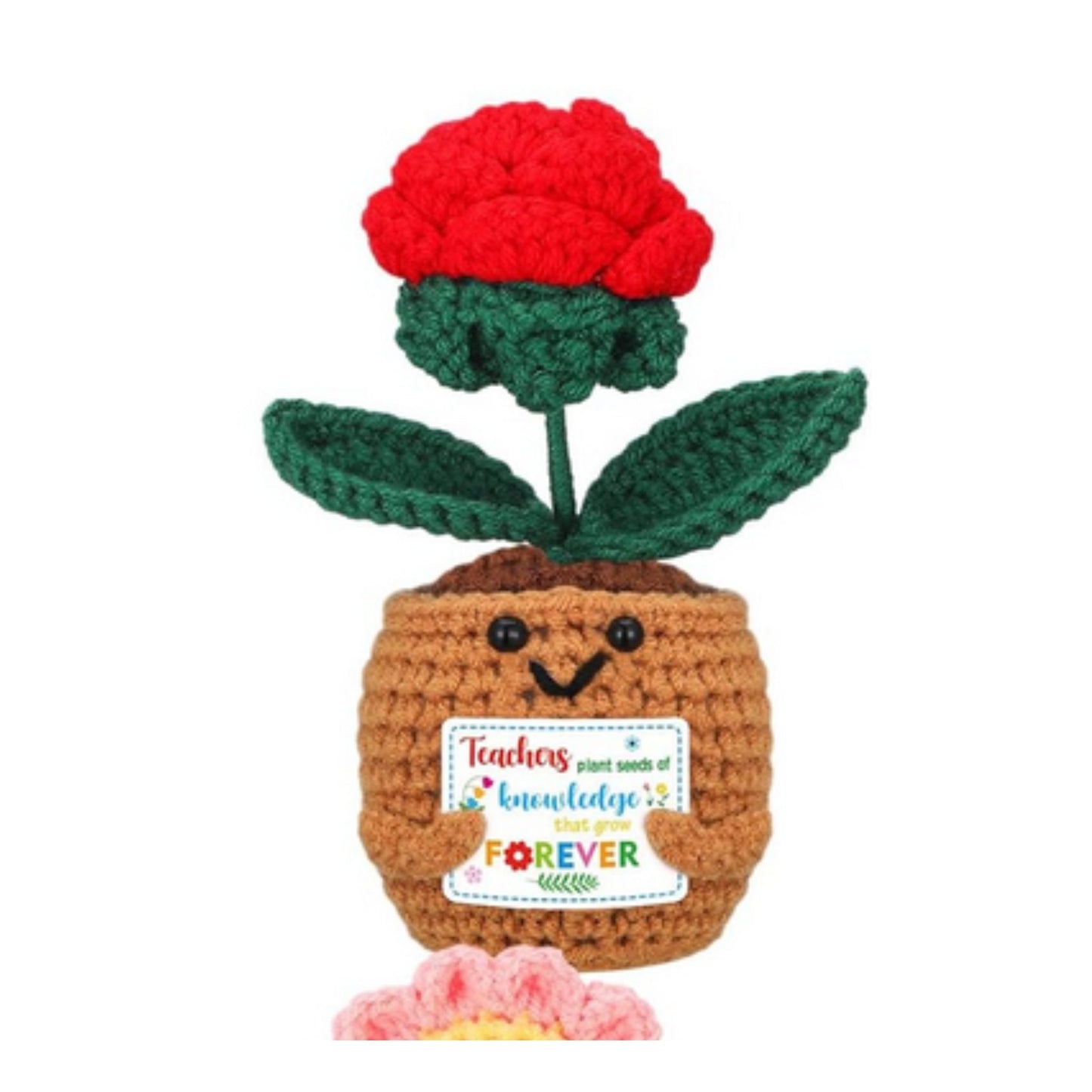 Thank You for Helping Me Grow Crochet Flowers -Mini crochet flower pot with red flower. Flower pot is holding a sign saying "Teachers plant seeds of knowledge that grows forever" - Little Gift Nook