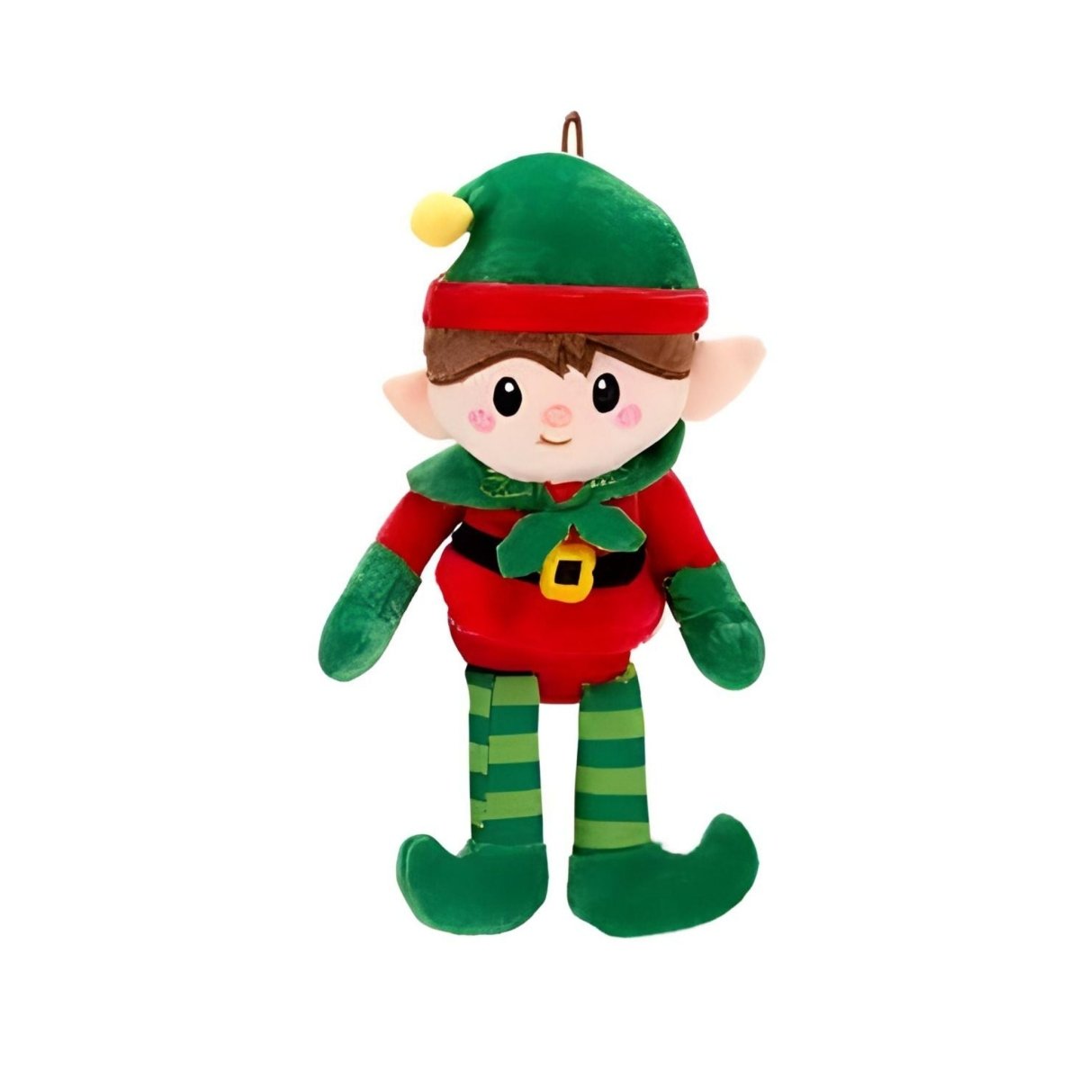 Plush toy boy elf doll ornament with red hat on white background.