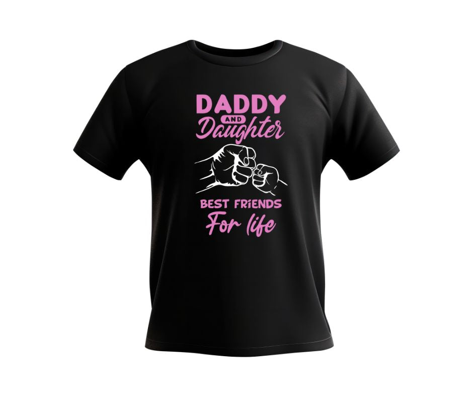 Dad Daughter matching Fist Bump Shirts - black cotton tshirts with pink "Daddy and Daughter Best Friends for Life" text and white fist bumps graphic on front Men's shirt- Little Gift Nook