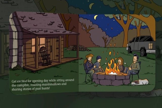 Inside children's board book Deer Camp image with everyone around bon fire at cabin.