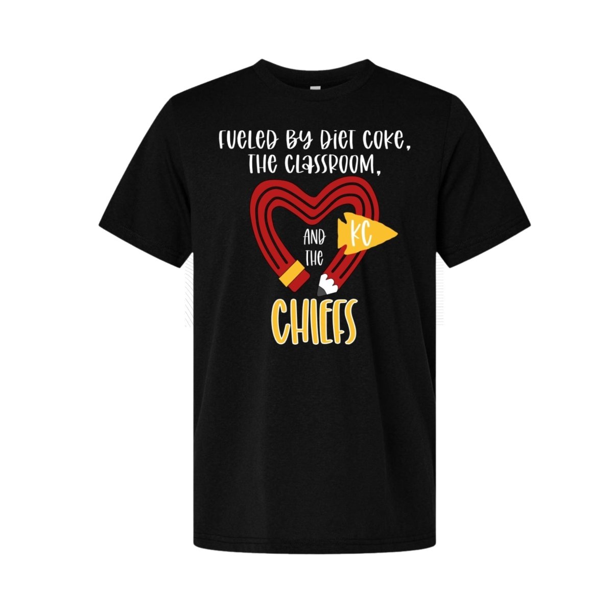 Black t-shirt with red yellow pencil heart design and "fueled by diet coke, the classroom, and the chiefs" image on front. Little Gift Nook
