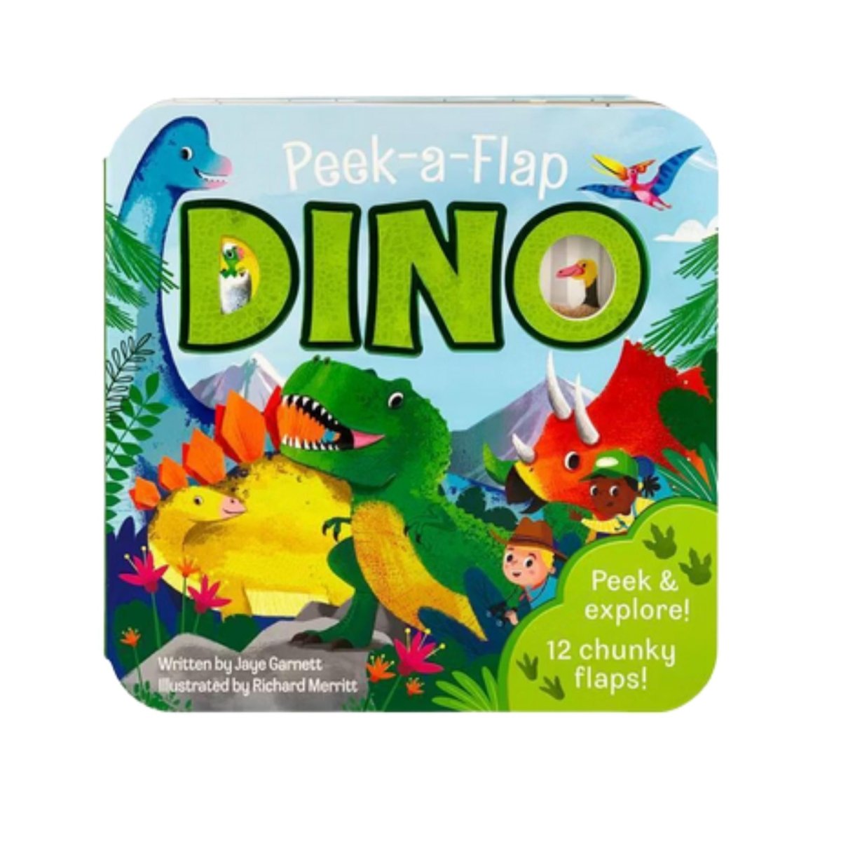 Children's book titled 'Peek-a-Flap Dino' with dinosaur illustrations on a white background.