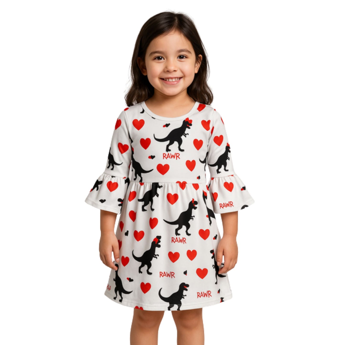 Dinosaur Print Heart Dress. Little Giftl wearing White bell sleeve dress with black trex dinos earting red hearts. - Little Gift Nook