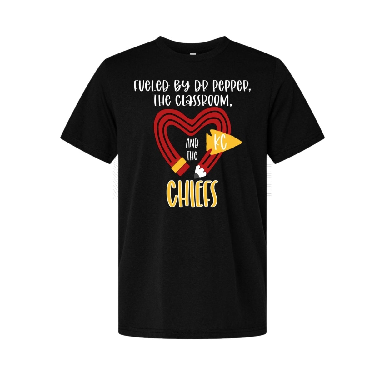 Black t-shirt with red yellow pencil heart design and "fueled by dr pepper, the classroom, and the chiefs" image on front. Little Gift Nook
