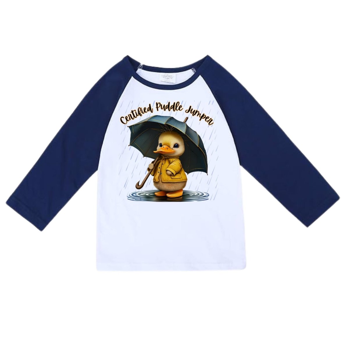 Certified Puddle Jumper Duck Shirt – Rain Day Raglan Tee - white navy raglan tshirt - Little Gift Nook