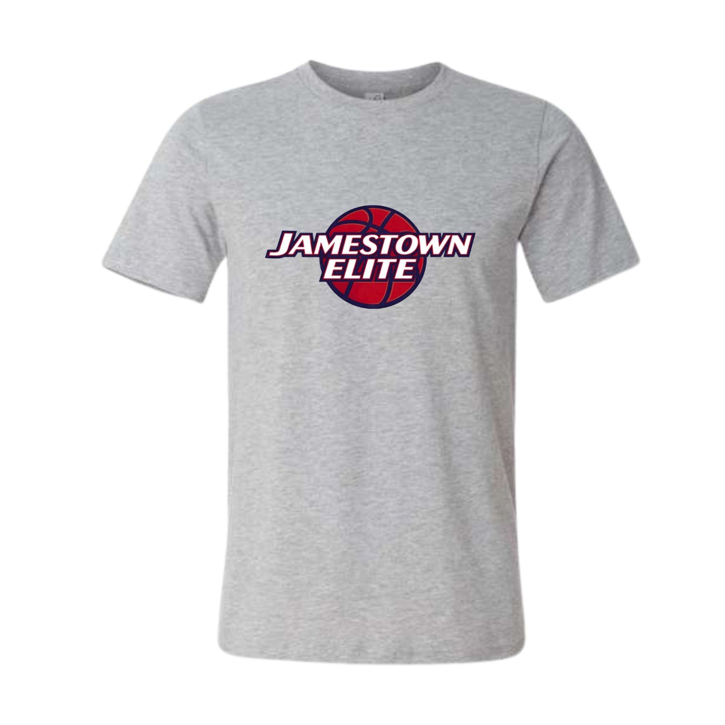 Navy tshirt with red navy basketball design custom logo on front sitting on white background.