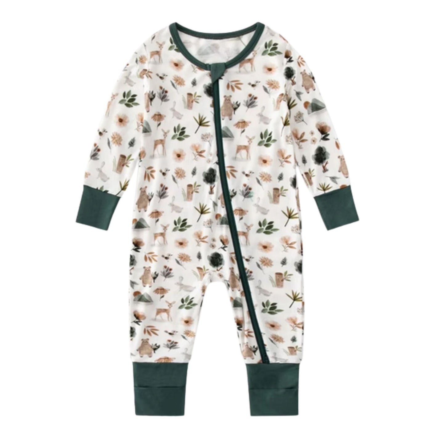 Forest Friends Bamboo Sleeper with fold over feet & hands. Double zipper. Soft & Stretchy. Little Gift Nook.
