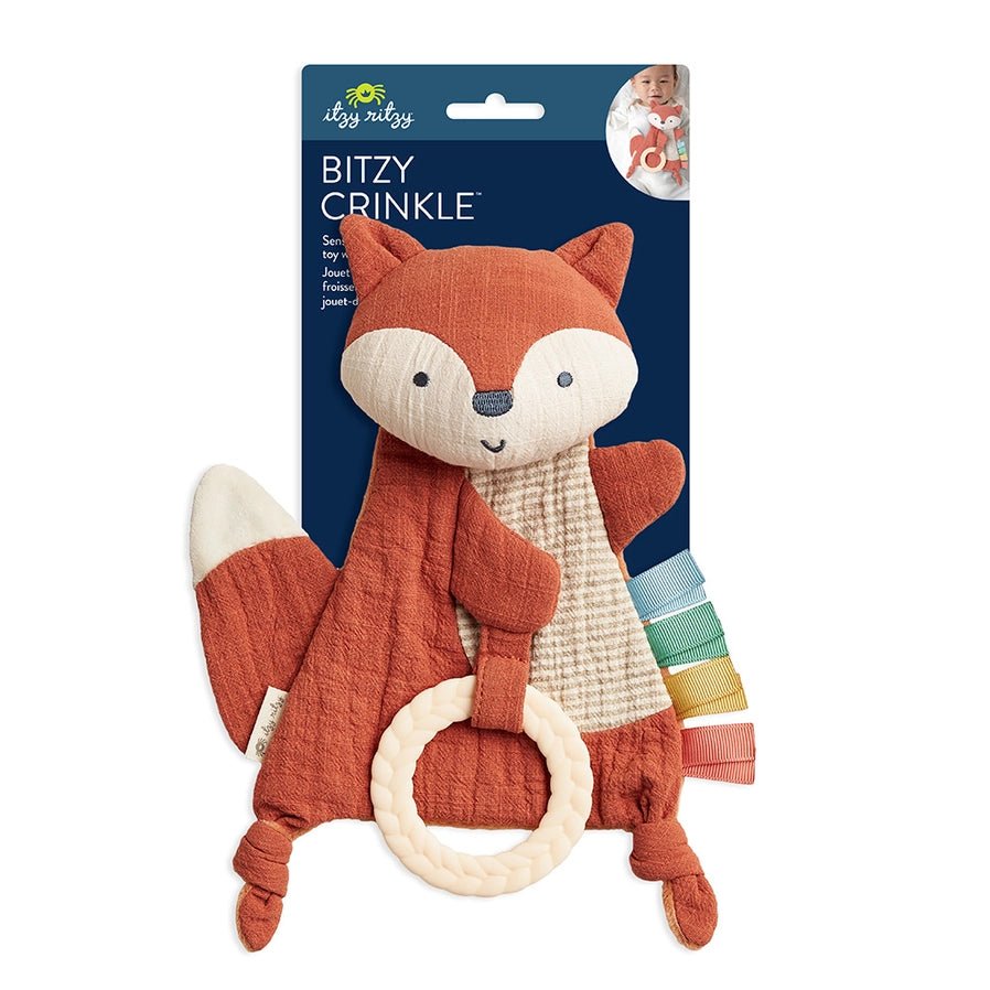 Baby Itzy Ritzy Itzy Ritzy Fox Crinkle Sensory Toy with Teether on pegged card - Little Gift Nook